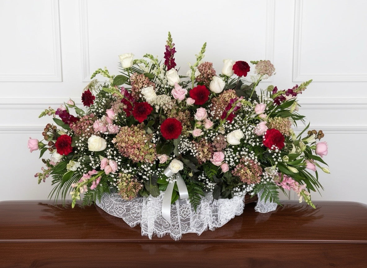 Elegant Garden Casket Spray Soft Blush & Crimson Tribute