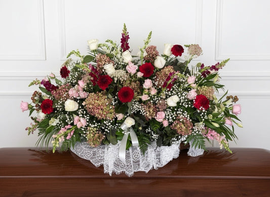 Elegant Garden Casket Spray Soft Blush & Crimson Tribute