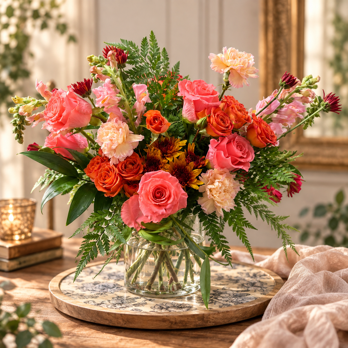 The Gilded Garden Designer's Choice garden-inspired floral arrangement in coral, blush, orange and burgundy